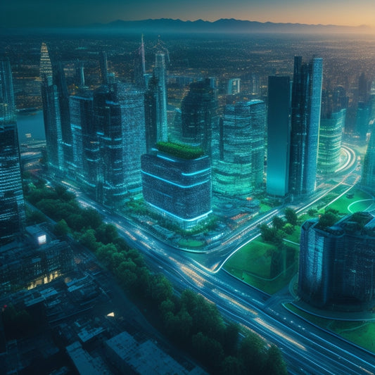 A futuristic cityscape at dusk with sleek skyscrapers, bustling streets, and vibrant green spaces, featuring a prominent, glowing blueprint or map overlay with interconnected nodes and pathways.