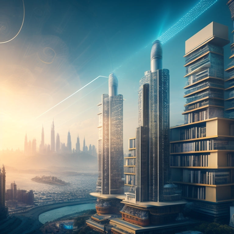 A futuristic cityscape with towering e-book spires, glowing tablets, and swirling clouds of 1s and 0s, set against a backdrop of traditional bookshelves crumbling to dust.
