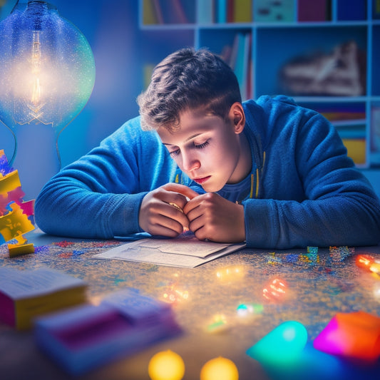 An illustration of a determined student with dyslexia, surrounded by puzzle pieces, colorful brain maps, and glowing light bulbs, with a subtle background of scattered words and letters rearranging into coherent sentences.
