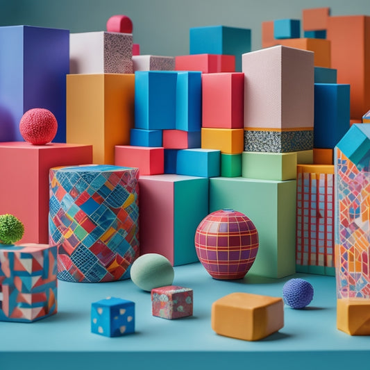 A vibrant, clutter-free background with a scattered arrangement of colorful, geometric pattern blocks in various shapes and sizes, with a few blocks stacked and connected to form a miniature cityscape.