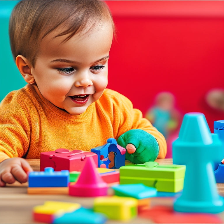 A colorful illustration of a happy, curious preschooler surrounded by puzzle pieces, crayons, and a partially completed puzzle on a wooden table, with a subtle background of building blocks and toys.