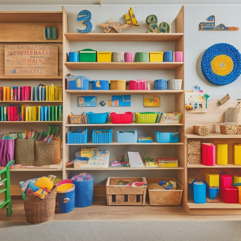 A colorful, organized workspace with wooden shelves and baskets, featuring a variety of Montessori materials, including sandpaper letters, moveable alphabets, and phonetic objects, surrounded by happy, engaged children.