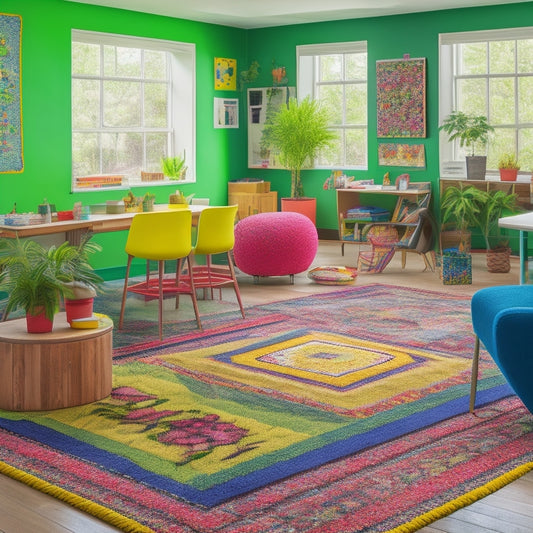 A vibrant, well-lit classroom with colorful rugs, eclectic furniture, and whimsical decorations, featuring a collaborative workspace with students' artwork and projects on display, surrounded by lush green plants.