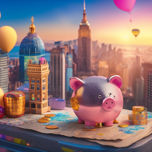 A colorful illustration of a piggy bank surrounded by confetti, balloons, and a mini treasure chest, with a globe and a calculator in the background, amidst a subtle cityscape.