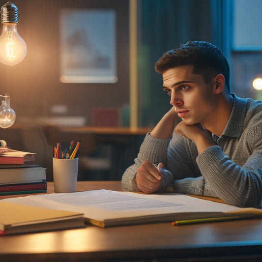 A confident student sitting at a desk, surrounded by math textbooks and pencils, with a bright lightbulb above their head and a subtle cityscape background, conveying a sense of accomplishment.