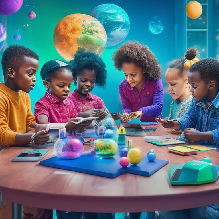 A colorful illustration of diverse kids aged 6-12 gathered around a table, surrounded by laptops, tablets, and handheld devices, engaged in interactive science games with 3D molecules, robots, and planets.