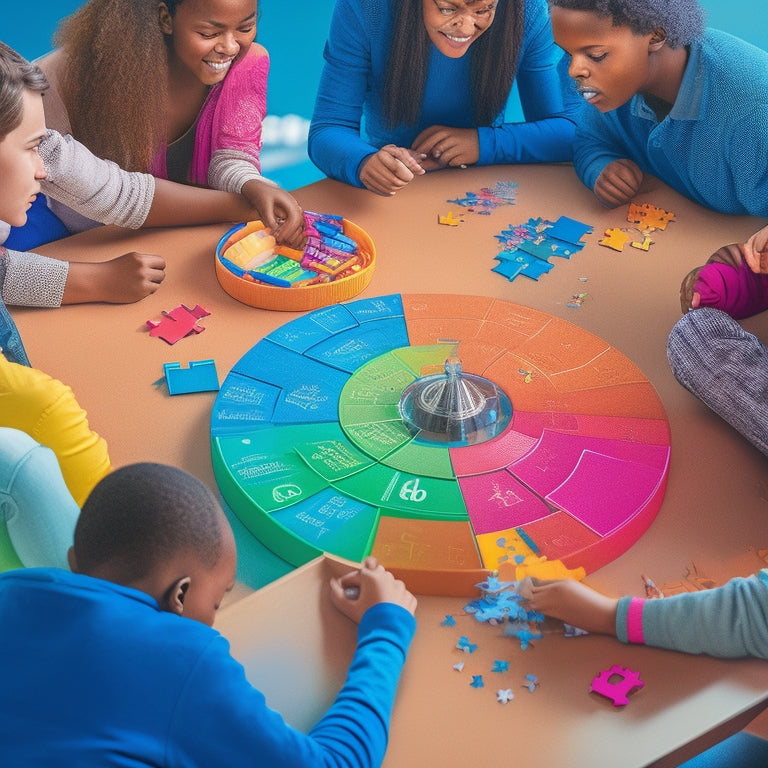 An illustration of a diverse group of students gathered around a large, interactive math puzzle on a table, surrounded by colorful math tools and manipulatives.