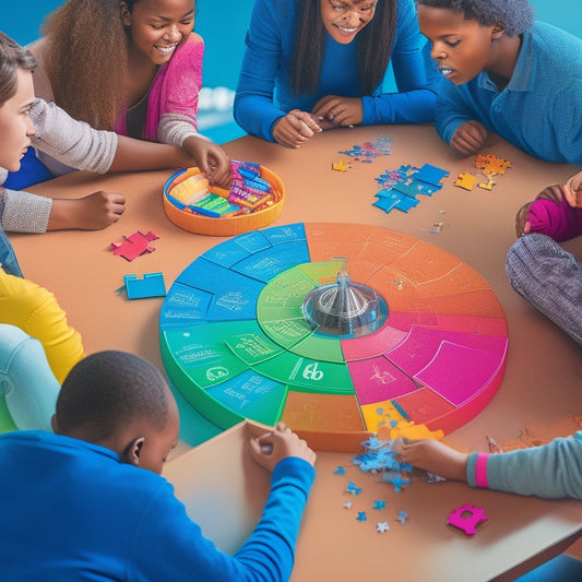 An illustration of a diverse group of students gathered around a large, interactive math puzzle on a table, surrounded by colorful math tools and manipulatives.