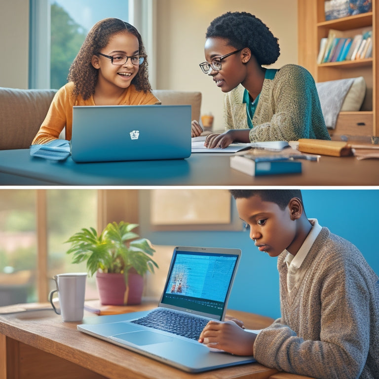 An illustration of a laptop with a split screen: a friendly, approachable tutor on one side and a student's math homework on the other, surrounded by virtual math tools and a subtle, calming background.