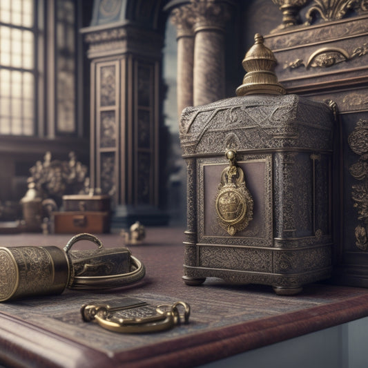 An ornate, old-fashioned key unlocking a treasure chest overflowing with various shapes and sizes of data-filled folders, tablets, and computers amidst a subtle background of government buildings.
