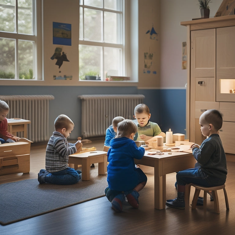 A serene, well-lit Montessori classroom with a few children aged 3-5 engaged in literacy activities: one tracing sandpaper letters, another matching wooden alphabet blocks, and a third reading a cloth book.