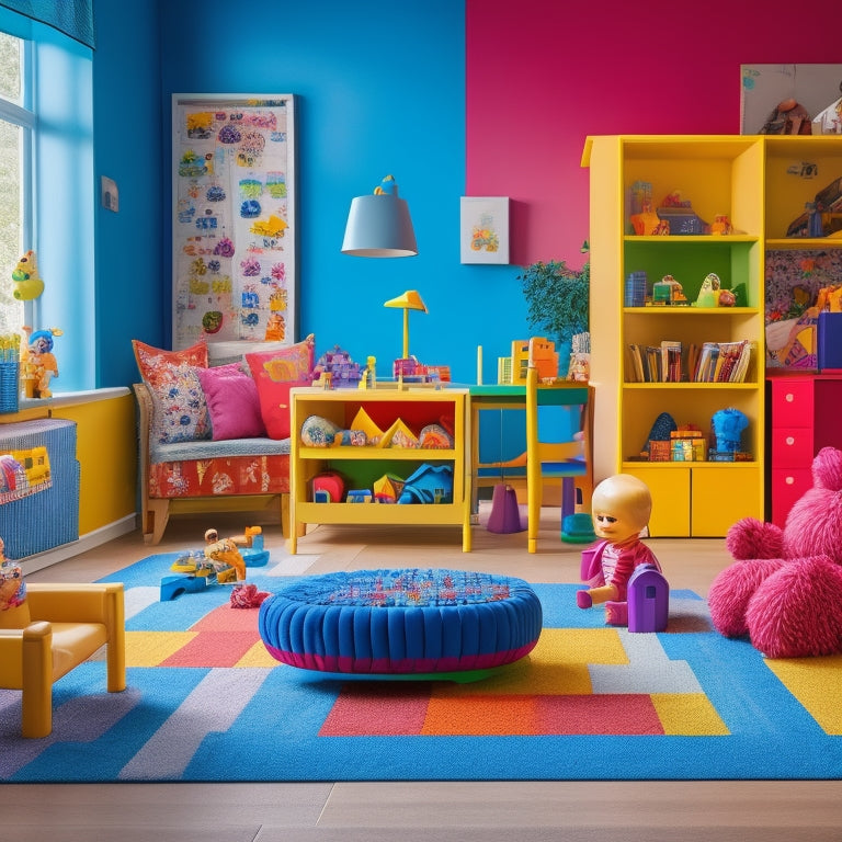 A colorful, clutter-free playroom with a diverse group of happy kids aged 5-8, surrounded by a variety of toys, including building blocks, dolls, action figures, and a kid-sized table with puzzles.