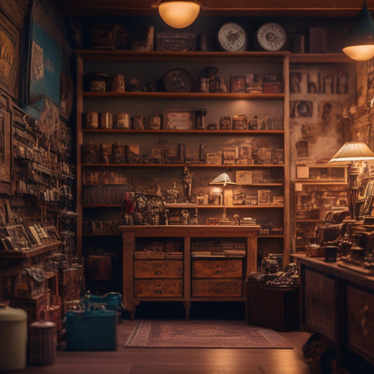 A warm, dimly lit vintage shop interior with wooden shelves, overflowing with retro toys, antique trinkets, and collectible figurines, surrounded by old cameras, vinyl records, and faded photographs.