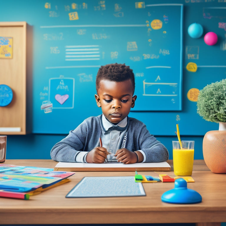 A colorful illustration of a kindergarten student sitting at a desk, surrounded by tablets and laptops, with math-related icons and shapes floating above, amidst a subtle background of chalkboard patterns and wooden textures.