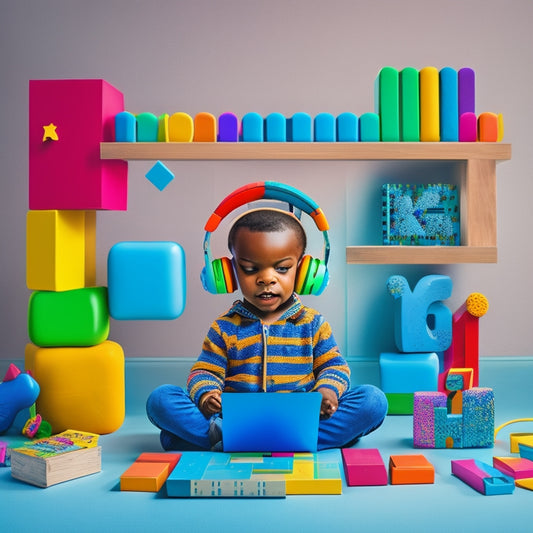 A colorful, whimsical illustration of a young child sitting in front of a laptop, surrounded by floating alphabet letters, phoneme blocks, and headphones, with a subtle background of a virtual classroom.