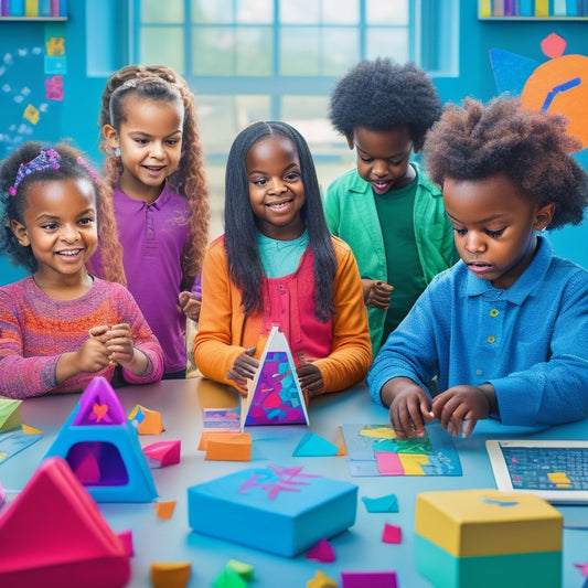 A colorful, whimsical illustration of diverse young children (ages 6-10) engaged in various math-themed activities on tablets and laptops, surrounded by math symbols and shapes, in a bright, modern classroom setting.