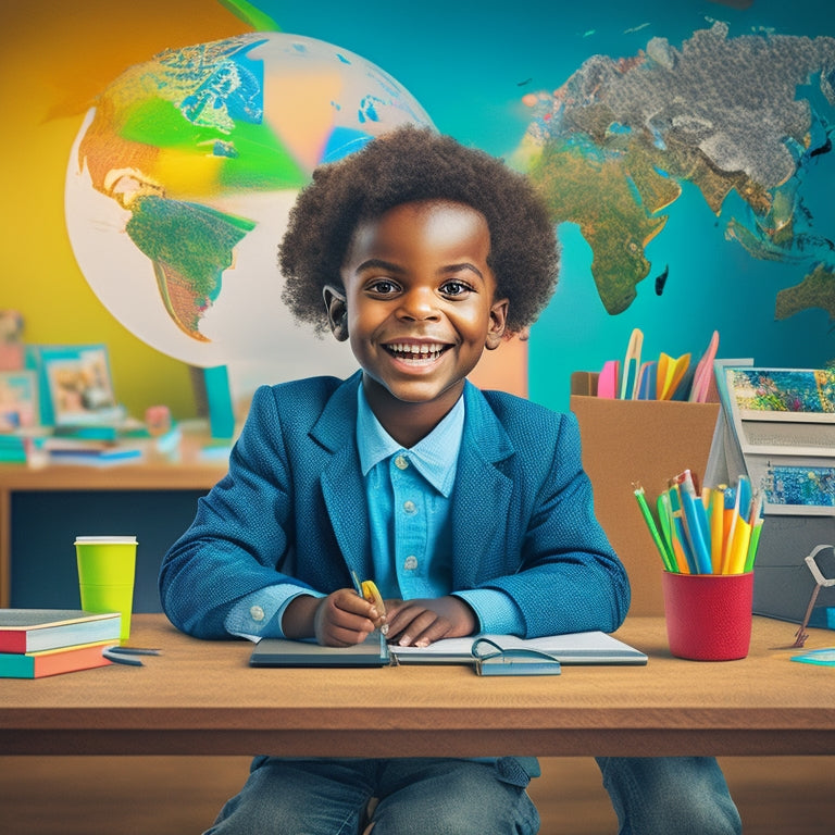 A colorful illustration featuring a smiling child sitting at a desk, surrounded by laptops, tablets, and math textbooks, with a globe and a geometric shape-filled blackboard in the background.