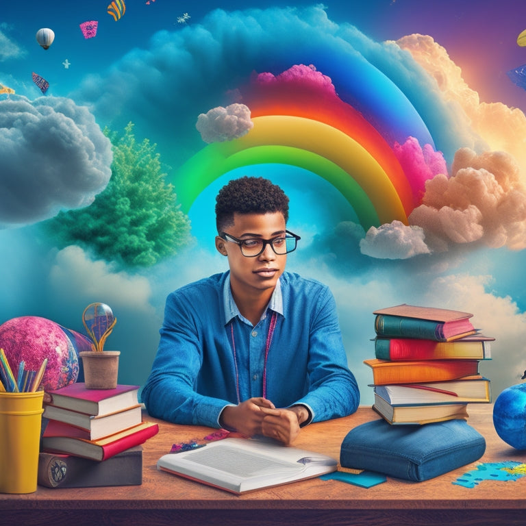 A vibrant, colorful illustration of a student surrounded by swirling clouds of educational icons, including books, laptops, globes, and puzzles, with a subtle background of a chalkboard or whiteboard.