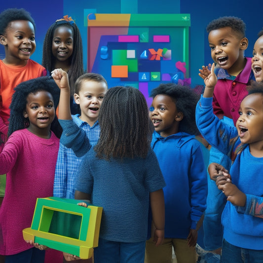 A colorful illustration of a diverse group of excited children, aged 6-12, gathered around a large, interactive touchscreen displaying math problems, surrounded by puzzles, blocks, and geometric shapes.