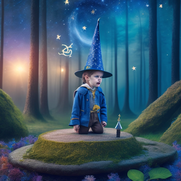 A whimsical illustration of a young student surrounded by mystical math symbols, stars, and swirling clouds, with a wizard's hat and wand, amidst a backdrop of magical forest scenery.