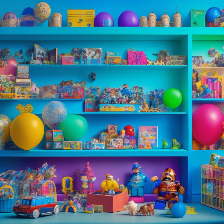 A colorful, whimsical illustration of a toy store shelf overflowing with popular culture-inspired toys, including figurines, dolls, and playsets, surrounded by confetti and balloons, with a subtle cityscape background.