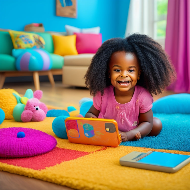 Illustrate a playful, bright-colored scene featuring a happy preschooler sitting on a carpet, surrounded by tablets and smartphones, with interactive reading apps open on screens, showcasing engaging animations and characters.