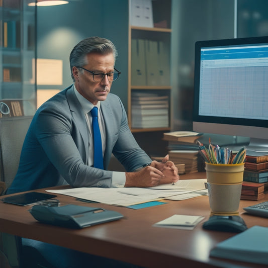 An illustration of a teacher sitting at a desk, surrounded by stacks of files and a laptop, with a graph paper background and a subtle grid of data points connecting to a rising chart in the corner.