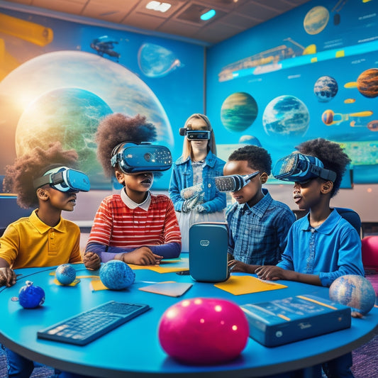 A vibrant, futuristic classroom with rows of VR headsets, happy kids of diverse ages and abilities immersed in virtual worlds, surrounded by floating planets, robots, and 3D math puzzles.