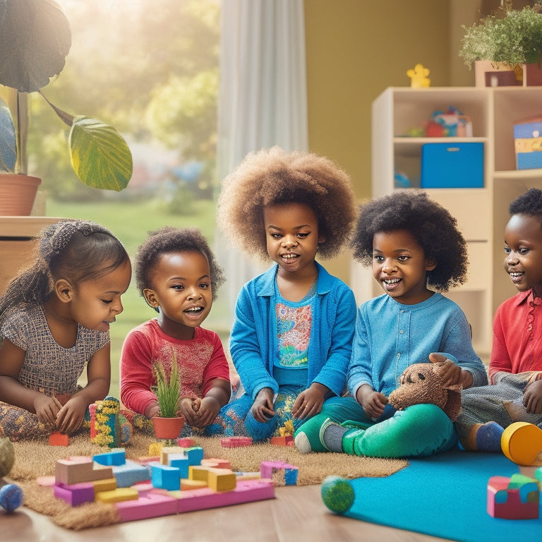 A whimsical illustration of a diverse group of children aged 4-8, surrounded by colorful blocks, puzzles, and toys, in a bright, sunlit room filled with plants and natural light.