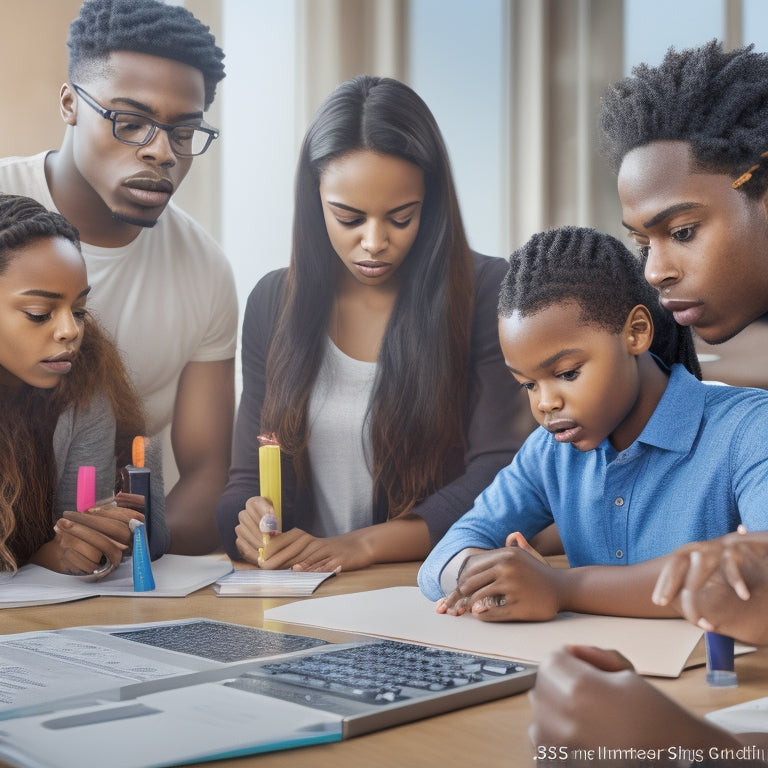 An illustration of a diverse group of students gathered around a tablet, surrounded by math-related objects like calculators, geometry shapes, and graphs, with digital screens and gears blending into the background.