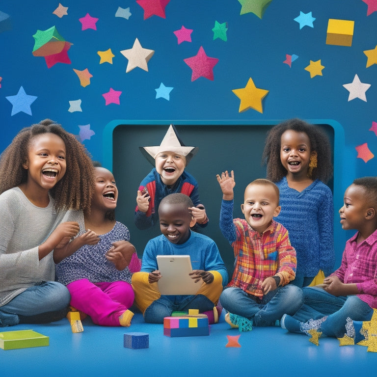 A colorful illustration of a diverse group of happy children, aged 4-8, gathered around a tablet, surrounded by math-inspired objects like blocks, geometric shapes, and abacuses, with confetti and stars in the background.