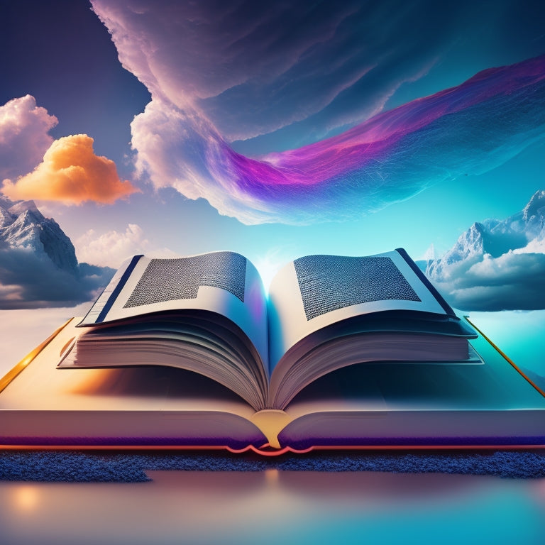 A futuristic, sleek, and modern digital landscape with interconnected devices, tablets, and smartphones displaying animated, flipping book pages in vibrant colors, surrounded by swirling clouds of binary code.