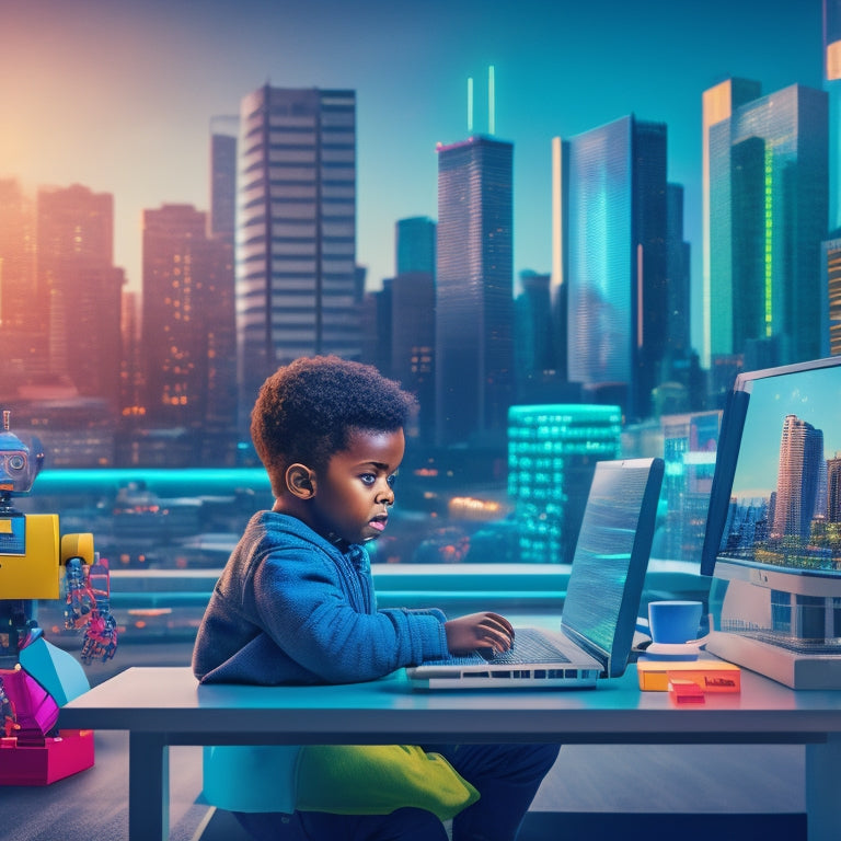 A colorful illustration of a young child sitting at a desk surrounded by coding-themed blocks, robots, and laptops, with a cityscape or futuristic background featuring coding-inspired skyscrapers.