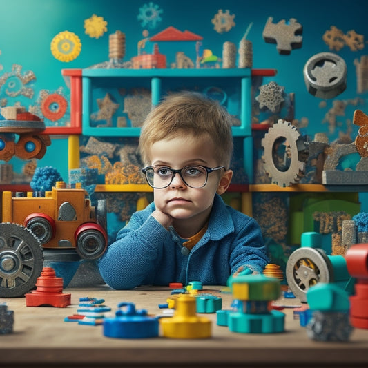 A whimsical illustration featuring a curious child surrounded by puzzles, brain teasers, and strategy games, with building blocks, gears, and cogs integrated into the background.