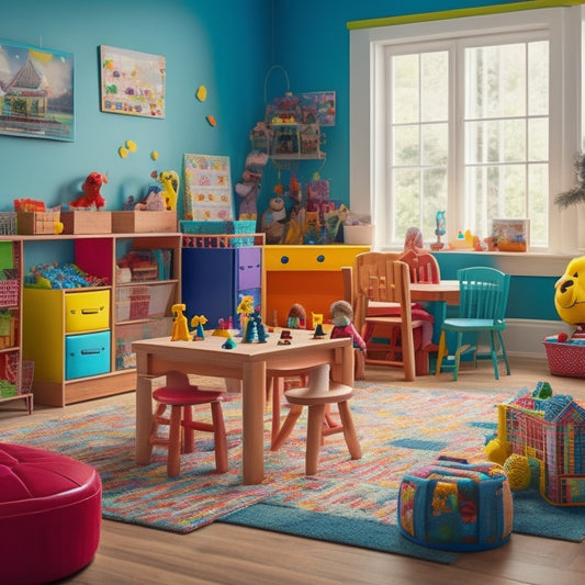 A colorful, clutter-free playroom with a mix of wooden and plastic math toys, puzzles, and games scattered across a kid-sized table, surrounded by happy, curious children of diverse ages and ethnicities.