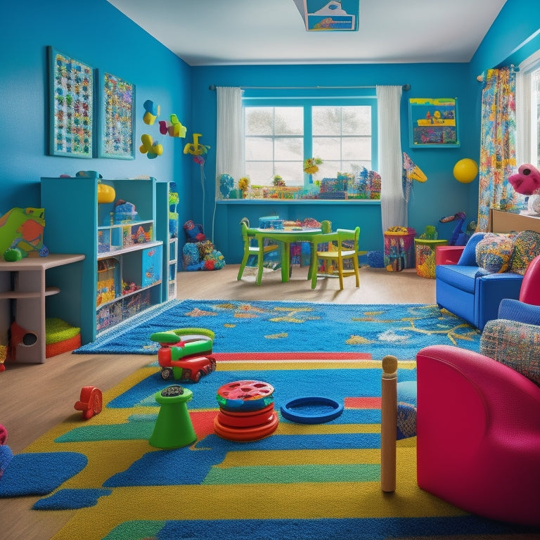 A colorful, clutter-free playroom with a mix of autism-friendly toys, including fidget spinners, sensory balls, and puzzle pieces, surrounded by calm, smiling children engaged in play.