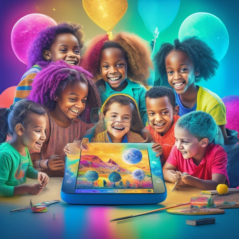 A vibrant illustration of a diverse group of happy children, aged 6-12, gathered around a large, glowing tablet, surrounded by colorful digital art tools, paintbrushes, and imagination-inspired objects.