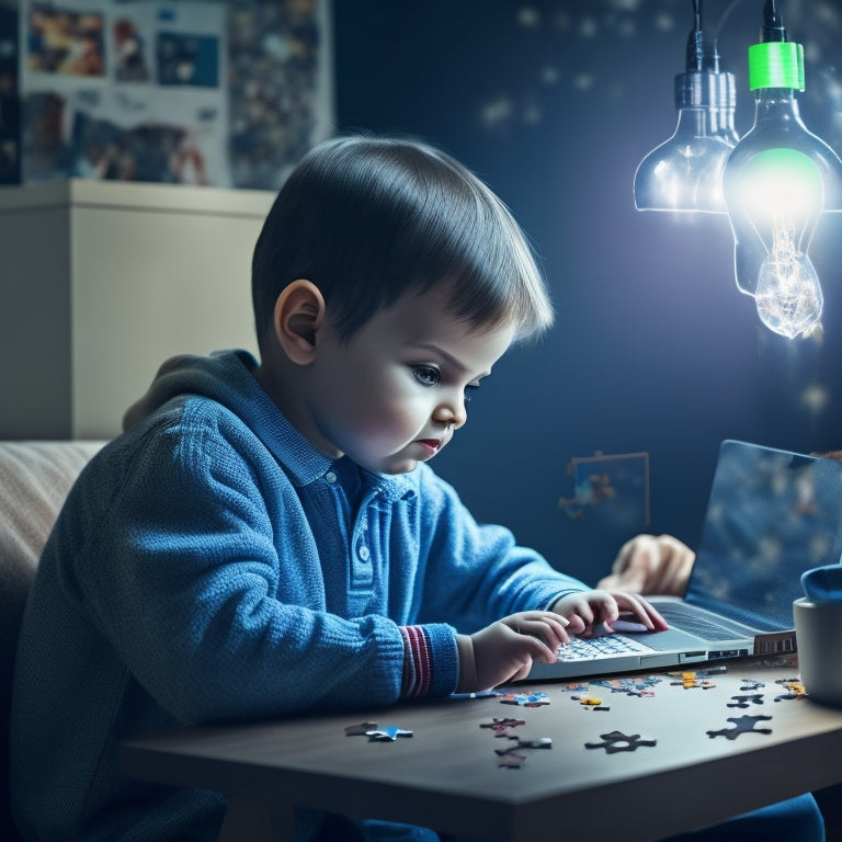 A illustration of a young child sitting in front of a laptop, surrounded by scattered puzzle pieces, with a lightbulb moment above their head, amidst a subtle background of interconnected digital networks.