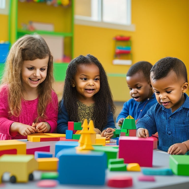 A colorful, clutter-free classroom scene with preschoolers aged 3-5, surrounded by blocks, shapes, and counting toys, engaged in play-based math activities, with a subtle smile on each child's face.