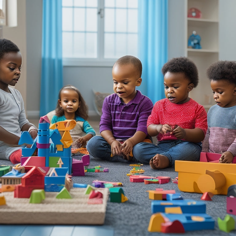A colorful, clutter-free playroom scene featuring a diverse group of toddlers engaged with various math-focused toys, including shape sorters, counting blocks, and geometric puzzles.