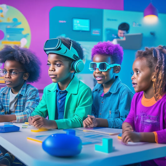 A colorful, futuristic classroom scene with happy, diverse kids aged 6-12 surrounded by tablets, laptops, and VR headsets, engaging with math-based digital games and 3D visuals.