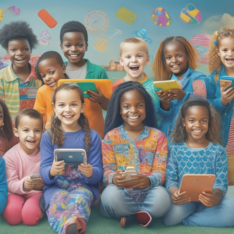 A vibrant illustration of a diverse group of happy children aged 4-12, surrounded by colorful tablets and smartphones, each displaying a different language learning app interface.