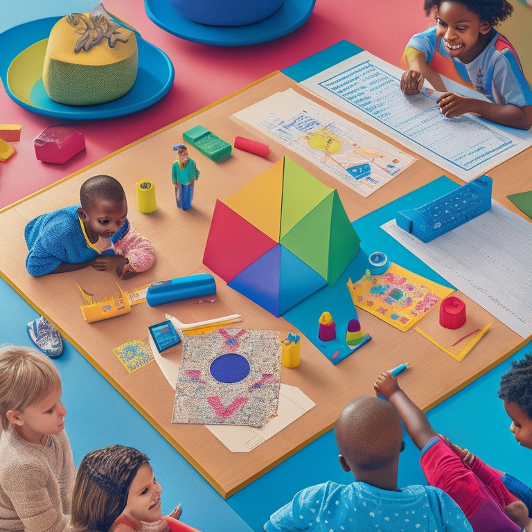 A colorful, clutter-free illustration of a happy, diverse group of second-grade students gathered around a table, surrounded by vibrant math worksheets, pencils, and calculators, with a subtle background of geometric shapes.