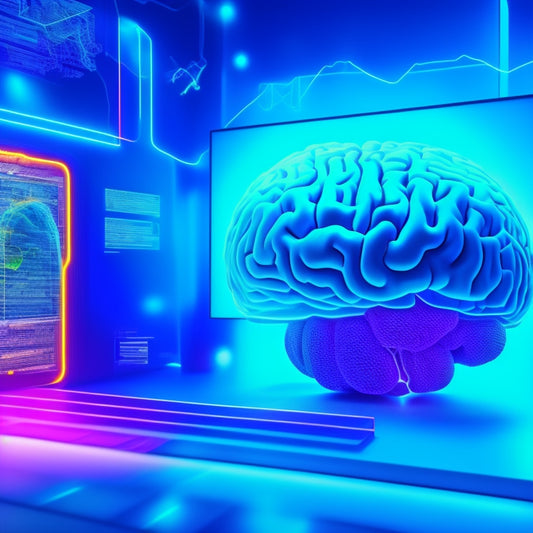 A futuristic, neon-lit brain surrounded by swirling data streams, gears, and 3D charts, with a virtual reality headset and a stylus hovering above, set against a dark blue gradient background.
