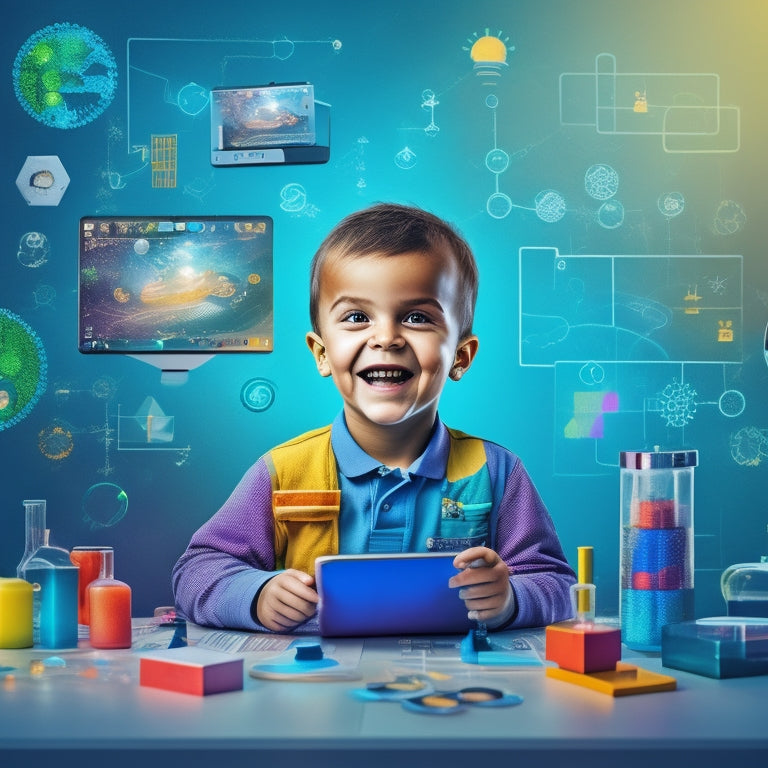 A colorful illustration featuring a smiling, curious young child surrounded by tablets, smartphones, and laptops, with math and science-themed icons, gears, and molecules floating around, amidst a subtle background of circuit boards and equations.