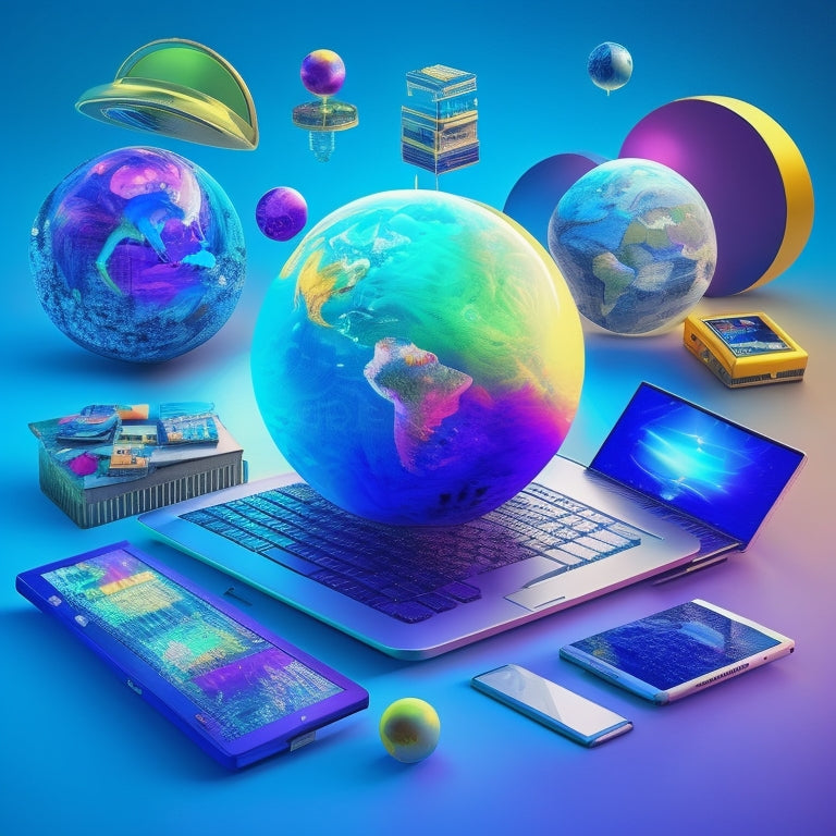 A colorful, futuristic illustration of a globe surrounded by laptops, tablets, and smartphones, with interactive learning icons like puzzles, games, and quizzes orbiting around it.