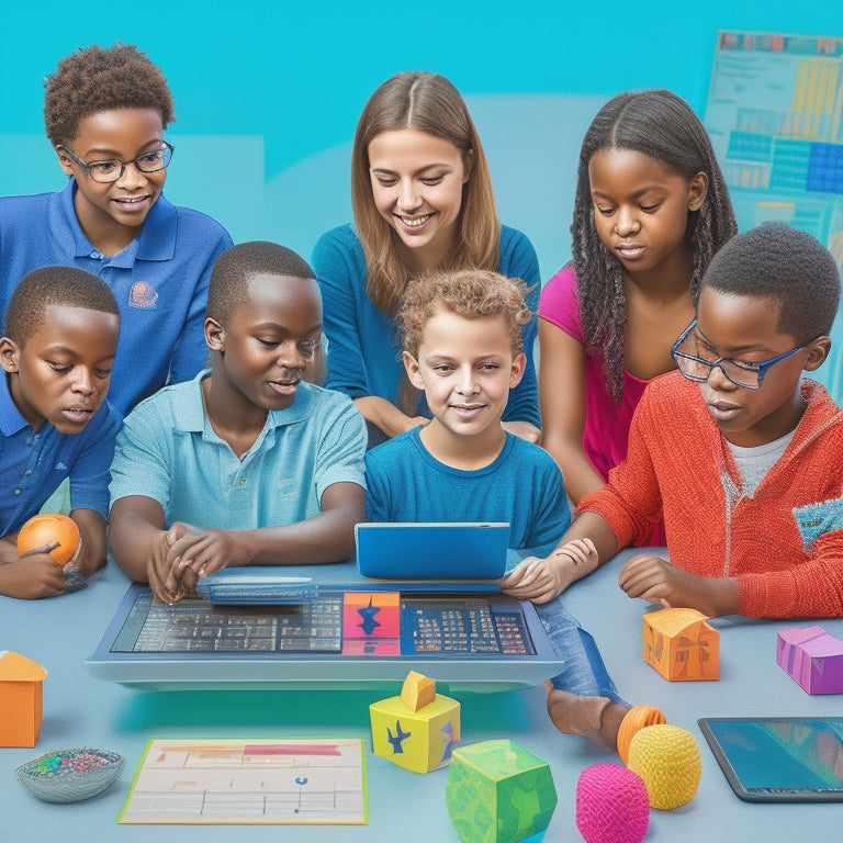 A vibrant illustration of a diverse group of students (ages 8-12) engaged in an online math lesson, surrounded by virtual manipulatives, graphs, and 3D shapes, with laptops and tablets open in front of them.