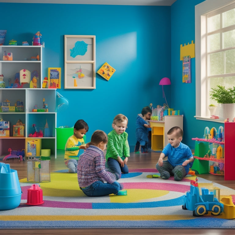 A colorful, clutter-free playroom with a diverse group of children (ages 4-6) engaging with various educational toys, including building blocks, puzzles, and a miniature science lab.