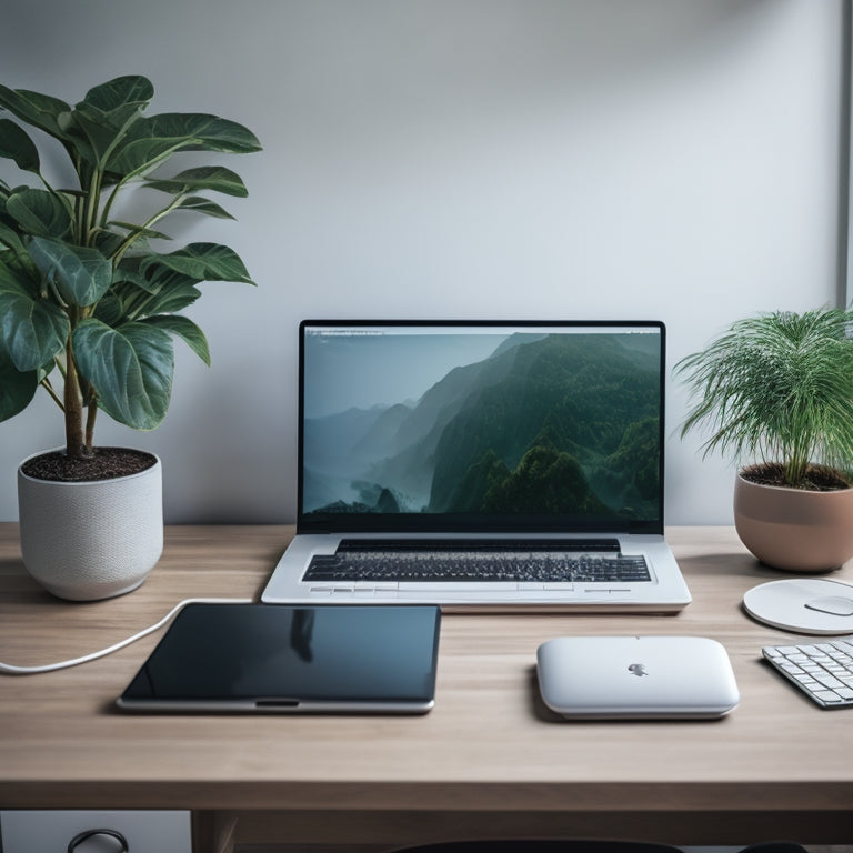 A serene, minimalist desk with a laptop open to a calming online learning platform, surrounded by a few, carefully-placed, anxiety-reducing elements like a small potted plant and a pair of noise-cancelling headphones.