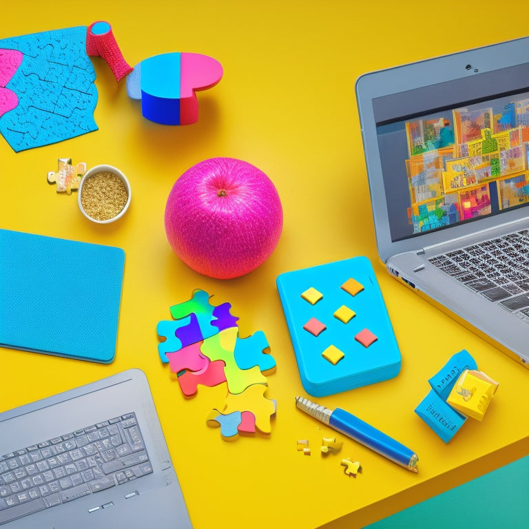 An illustration of a teacher's desk with a laptop open to a puzzle generator website, surrounded by puzzle pieces, brain teasers, and colorful geometric shapes, against a bright and playful background.
